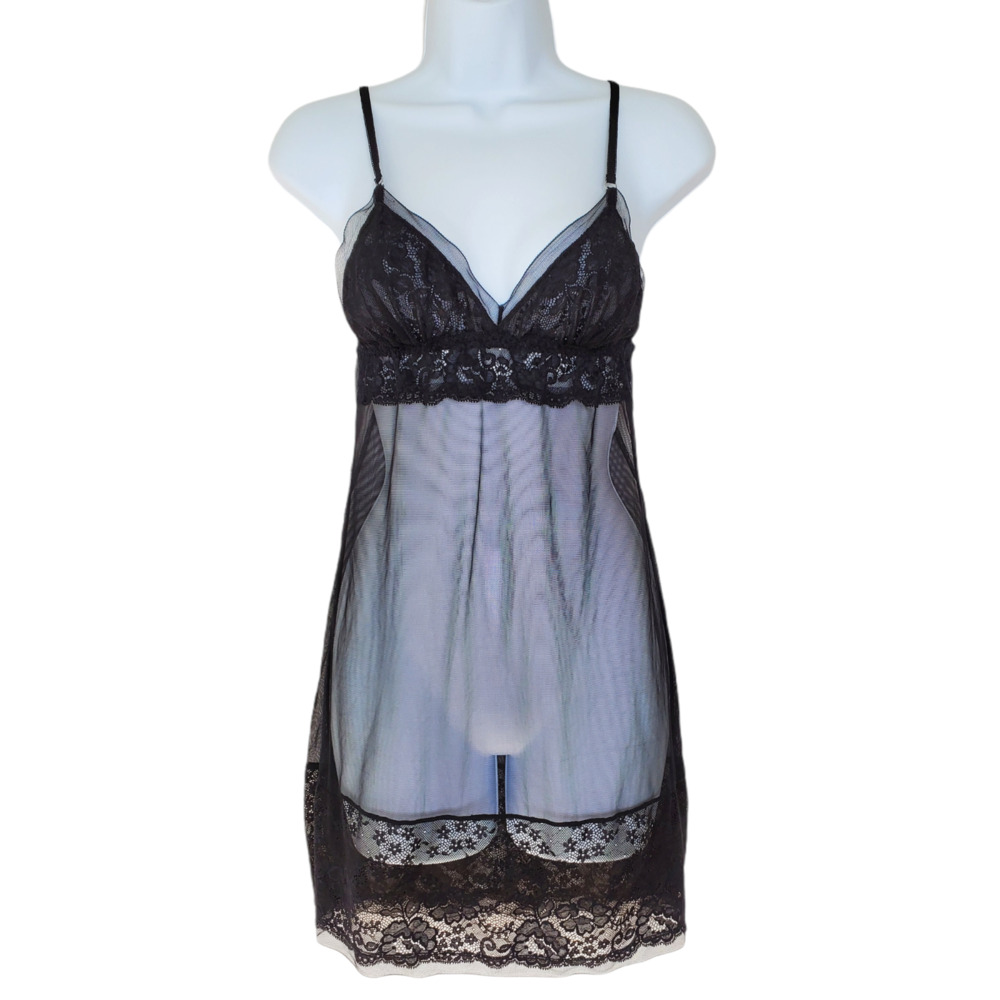 Victoria's Secret Sheer Lace Negligee S Black Cami-Chemise Slip Nightie